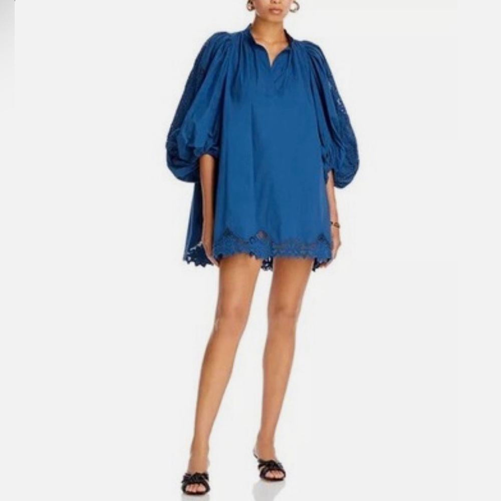 Vanessa Bruno, coral blue eyelet embroidered hem cotton poplin dress
